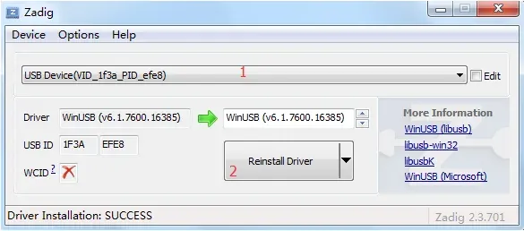 Zadig installing the WinUSB driver for the FEL USB device